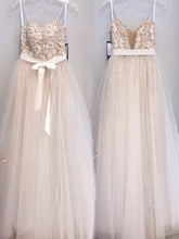 Elegant Spaghetti Straps Appliques Sequins High Waist With A-line Long Prom Dresses. AB1082