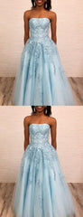 Fashion Pale Blue Tulle Lace Applique Strapless Prom Dresses,PD00367