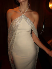 Quimera Almond Beaded Cape Halter Off-Shoulder Maxi Gown
