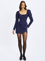 Denise Navy Tweed Ruched Puff Sleeve Mini Dress