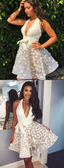 Ivory Lace Applique Illusion Halter Sexy Homecoming Dresses,HD0030