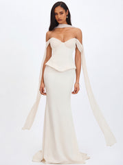 Jessalyn Ivory Sweetheart Peplum Mermaid Wedding Dress with Chiffon Scarf