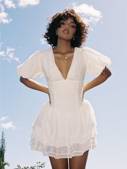Caitlyn White Bubble Sleeve Corset Layered Mini Dress