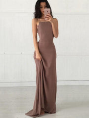 Sexy Taupe Spaghetti Strap Backless Lace-Up A-Line Floor Length Evening Prom Dress, Evening Dress,PD0154