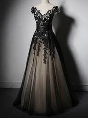 Unique Black Lace Appliques A-line Tulle Prom Dress, Evening Dress, PD00260