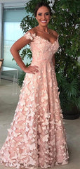 Elegant Blush Pink Butterfly A-Line Prom Dress, Off the Shoulder Tulle Gown, PD00247