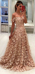 Elegant Blush Pink Butterfly A-Line Prom Dress, Off the Shoulder Tulle Gown, PD00247