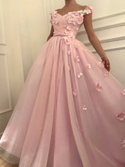 Elegant 3-D Floral Appliques Pink A-line Tulle Prom Dress, Evening Dress, PD00100
