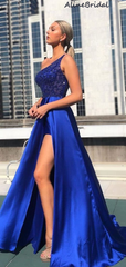 Charming Royal Blue Sequins One-shoulder Side Slit Sequins Long Prom Dress, PD3043