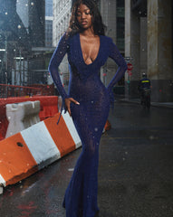 Ilyse Navy V-Neck Plunge Animal Print Mermaid Hem Maxi Dress