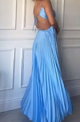 Unique Blue Pleated Halter A-line Prom Dress, Evening Dress, PD381986