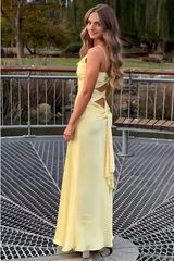 Elegant Yellow Satin Cutout Mermaid Long Prom Dress, PD382015