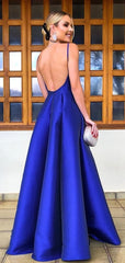 Royal Blue Satin Spaghetti Strap Backless A-line Prom Dresses,PD00376