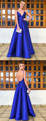 Royal Blue Satin Spaghetti Strap Backless A-line Prom Dresses,PD00376
