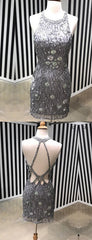 Silver Beading Rhinestone Open Back Sheath Homecoming Dresses,HD0041