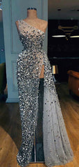 Sparkly Silver Beaded One Shoulder Party Prom Dresses,PD00141