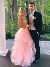 Two Pieces Light Pink Organza Golden Lace V-back Ruffles Ball Gown Prom Gown Dresses,PD00035