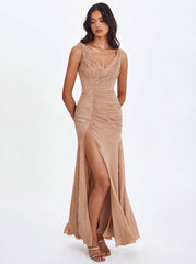 Viveca Apricot Crystal-Embellished Asymmetrical Ruched Maxi Dress