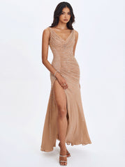 Viveca Apricot Crystal-Embellished Asymmetrical Ruched Maxi Dress