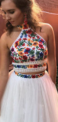 White Satin Embroidery High Neck Open Back Homecoming Dresses,HD0020