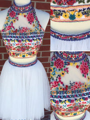 White Two Piece Embroidery High Neck Open Back Homecoming Dresses ,HD0018