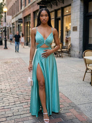 Sexy Turquoise Green Cut Out A-line Evening Dress with Slit, PD2823089