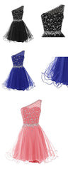 Short One Shoulder Popular Junior Graduation Sweet 16 Cocktail Rhinestone Tulle Homecoming Dresses,BD00201