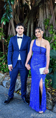 Sparkly Blue Sequins One Shoulder Prom Dress with Slit, Evening Dress, PD3822967
