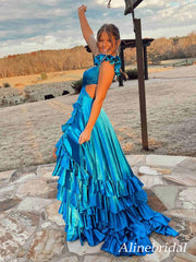 Elegant Blue V-neck Ruffles A-line Long Prom Dress, Evening Dress, PD3649