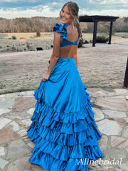 Elegant Blue V-neck Ruffles A-line Long Prom Dress, Evening Dress, PD3649
