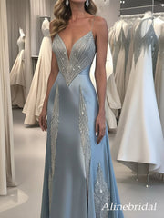 Elegant Blue Rhinestone V-neck A-line Tulle Evening Dress, Prom Dress, PD2823059