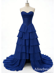 Gorgeous Navy Blue V-neck Strapless Corset A-line Ruffled Tiered Prom Dress with Slit, PD382010