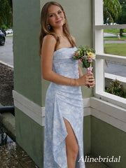 Light Blue Strapless Floral Jacquard Prom Dress with High Slit, PD3823050