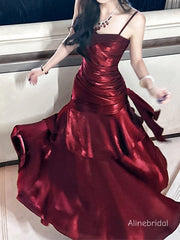 Elegant Burgundy Spaghetti Straps Ruffles Maxi Prom Dress, Formal Dress, PD382286