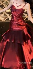Elegant Burgundy Spaghetti Straps Ruffles Maxi Prom Dress, Formal Dress, PD382286