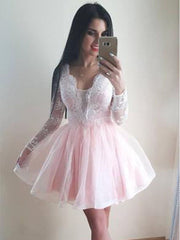 Cute Blush Pink Long Sleeves Lace Top A-line Short Mini Homecoming Dress, HD3080