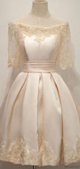 Vintage Champagne Off-Shoulder Lace Short A-line Homecoming Dress with Half Sleeves, HD3070