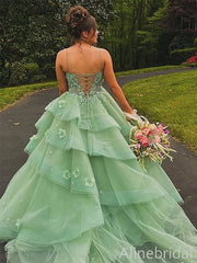 Gorgeous Green Corset A-line Tulle Prom Ball Gown with Floral Appliques, Evening Dress, PD3823008