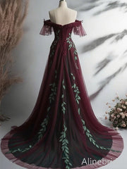 Unique Color-Block Burgundy and Green A-line Formal Gown with Sheer Sleeves, PD381952