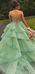 Gorgeous Green Corset A-line Tulle Prom Ball Gown with Floral Appliques, Evening Dress, PD3823008