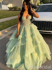 Gorgeous Green Corset A-line Tulle Prom Ball Gown with Floral Appliques, Evening Dress, PD3823008
