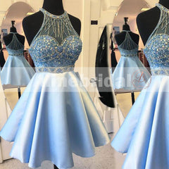 Pale Blue Rhinestone Beaded Halter For Teens Homecoming Dresses,BD00217