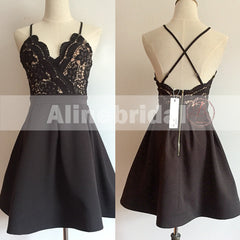 Popular Black Lace Top Spaghetti Strap Criss-Cross Backless A-line Homecoming Dresses,BD00220