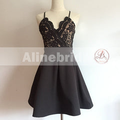 Popular Black Lace Top Spaghetti Strap Criss-Cross Backless A-line Homecoming Dresses,BD00220