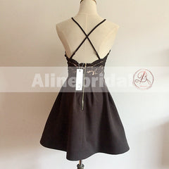 Popular Black Lace Top Spaghetti Strap Criss-Cross Backless A-line Homecoming Dresses,BD00220