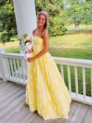 Gorgeous Yellow Strapless Pleated A-line Tulle Prom Dress, Evening Gown, PD382289