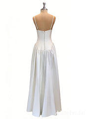 Elegant Ivory Satin V-neck A-line Wedding Dress, WD3119