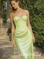 Elegant Lime Green Strapless Lace Corset Mermaid Long Prom Dress, Evening Dress, PD3823035