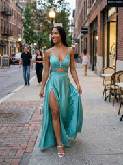 Sexy Turquoise Green Cut Out A-line Evening Dress with Slit, PD2823089