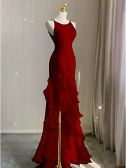 Sexy Red Chiffon Ruffled Tiered Evening Dress with Slit, PD3661